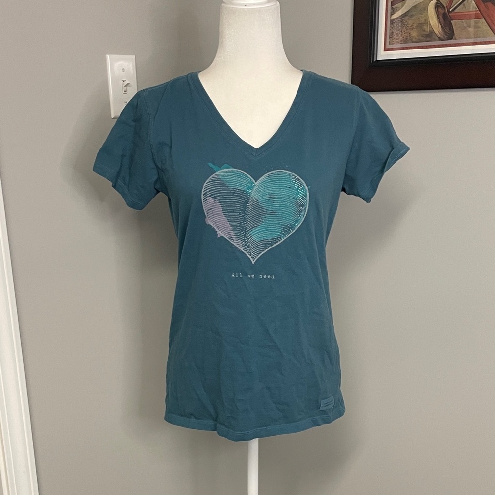 Life Is Good Teal V-Neck Short Sleeve Tee with Heart Print